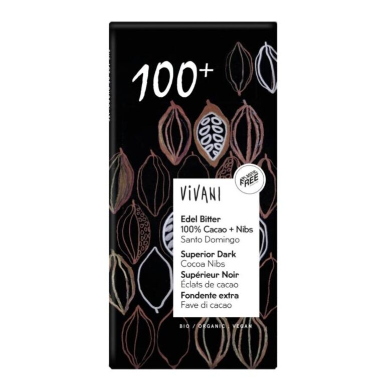 vivani chocolade puur superieur 100% + cacao nibs 80 gram